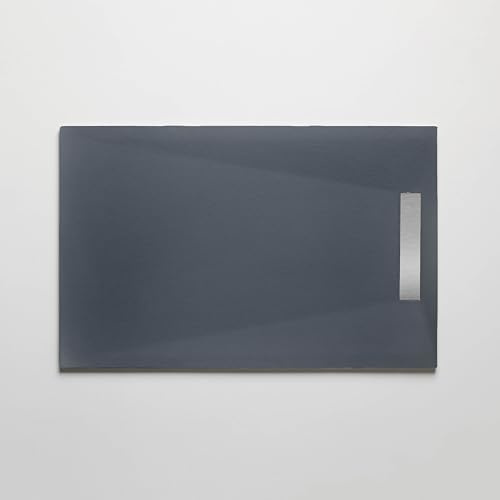 Duschwanne aus Kunstharz, 100 x 120 cm, Stein-Finish in Anthrazit, Modell PURE mit Edelstahlgitter und Ablaufgarnitur