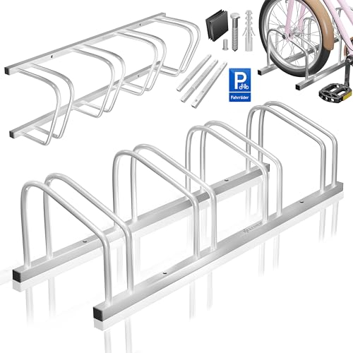 KESSER® Fahrradständer für 4 Fahrräder inkl. Parkschild | Mehrfachständer mit 37cm Radabstand für 30-65mm Reifenbreite | Fahrradhalter Aufstellständer für Boden- oder Wandmontage | Radständer Silber