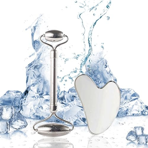 MKNZOME Edelstahl Gua Sha und Facial Roller, Gesichtsmassagegerät 2 in 1 Gesichtsroller Beauty Massager Skincare Face Roller Face Massager Für Augenschwellungen Hautstraffung von Gesicht