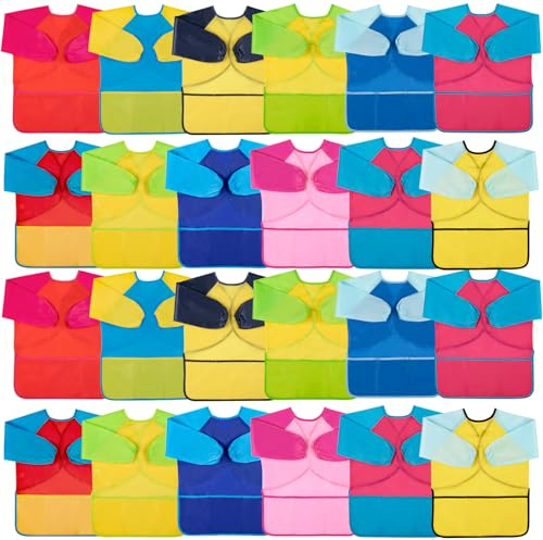 Bouiexye 24 Pack Kids Art Smocks Water-Resistant Toddler Paint Smocks Kids Painting Aprons with Long Sleeve 3 Pockets for Age 2-8 Years, Art Craft, Painting, Baking, Cooking (12 Colors)