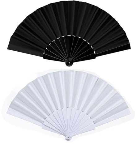 WchoeSS 2Pcs Folding Hand Fans, Fabric Hand Fan, Handheld Folding Fan, Chines/Spanish Handheld Fans for Dancing Cosplay Props Wedding Party Decorations Gifts (White Black)