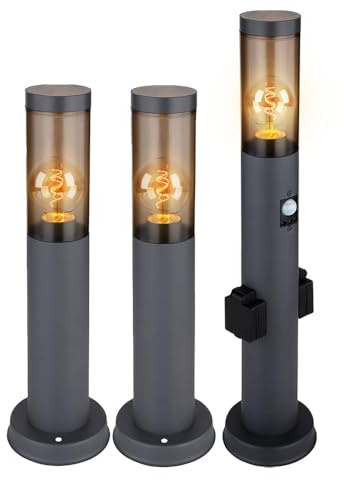 Sockelleuchte mit Steckdose und Bewegungsmelder Gartenlampe Wegeleuchte Außenstehlampe, Edelstahl anthrazit, Kunststoff rauch, E27, 3er Set