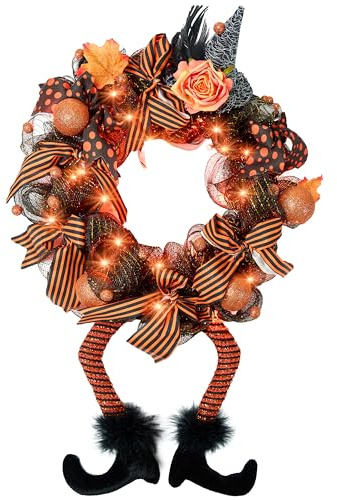Joiedomi Halloween-Kränze mit 50 LED-Lichtern, 71 x 45 cm, Hexenhut-Kränze mit Hexenbeinen, Halloween-Hängedekor, Kranzschild, Dekoration für Haustür, Veranda, Fenster, drinnen und draußen