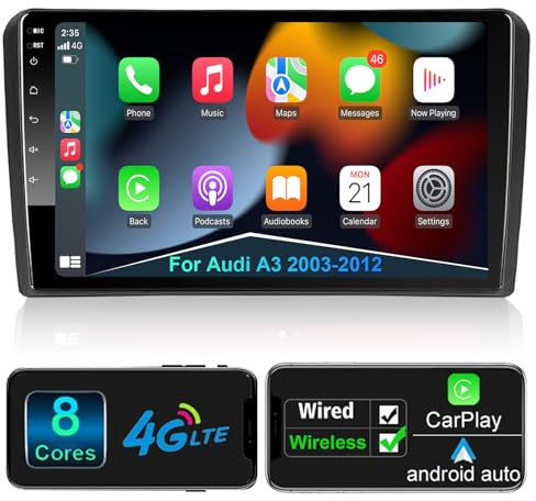 Autoradio mit Navi Bildschirm Wireless Carplay Wireless Android Auto für Audi A3 S3 RS3 2003-2012,9 Zoll Android 8 Core Auto Radio Touch Display mit Bluetooth RDS AM FM GPS WiFi