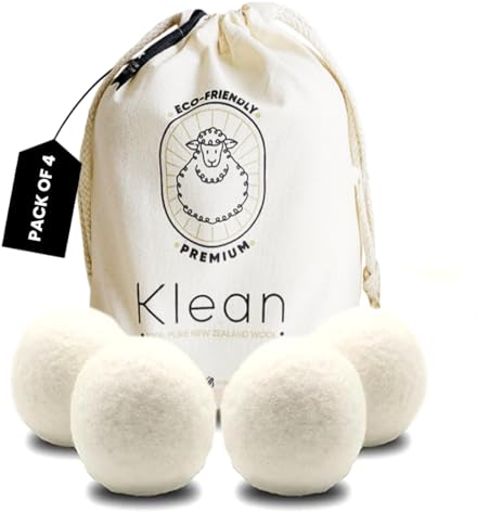 Klean Wool Tumble Dryer Balls | Handmade, Organic, Fabric Softening & Odour-Free | 100% New Zealand Wool Laundry Balls | 1000+ Loads | Reduce Drying Time, Noise, Wrinkles & Static Cling | 4 XL Pack