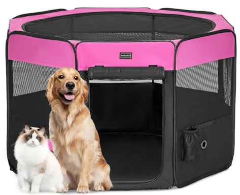 PETSFIT faltbar Welpenauslauf Tierlaufstall für Kleintiere Hunde Katzen,Hundelaufstall Freigehege mit Wasserdichter Boden,Pop-up System Kausicheres Design,Rosarot/Schwarz,116 * 106 * 70cm