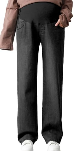 FEOYA Dam mammajeans golvlånga byxor mammabyxor magstöd jeans hög midja graviditet vida ben gravida jeans M-5XL, svart, M