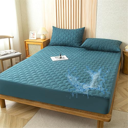 Odot Gesteppte Spannbettlaken Wasserdicht Weicher Verdickter Matratzenschoner Rutschfester Doppeltes Einzelbett bettspanntuch Topper-Overlays Spannbetttücher, Einfarbig (Dunkelgrün,200x200+28cm)