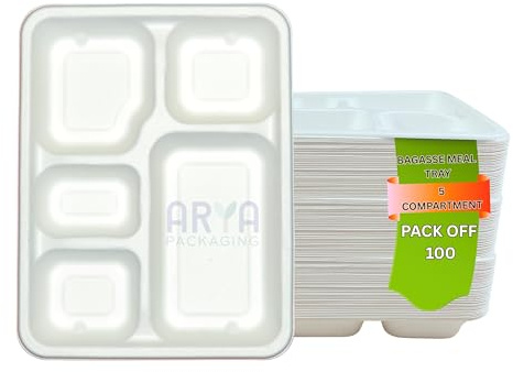 Arya PACKAGING Pack of 100 Disposable Plates with 5 compartments, 11” x 8.5” and 3cm Deep Sugarcane Bagasse Paper Food Trays Dinner Plate, Divided Section for Hot Food, Portion Control.
