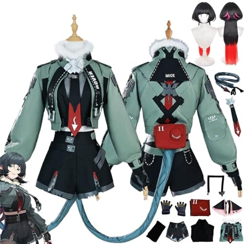 bbganlian Zenless Zone Zero Jane Doe Cosplay Kostüm Outfit Spiel Charakter Uniform Komplettes Set Halloween Karneval Dress Up Anzug mit Perücke Schwanz Kopfschmuck für Frauen