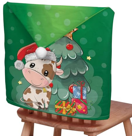 Treer 2024 Fundas para Sillas Navideñas, 4/6/8 Piezas Fundas para Sillas de Comedor de Decoración de Navidad, Vaca Lechera Animados Fundas Protectoras Sillas de Navidad (Lote de 4,Verde)