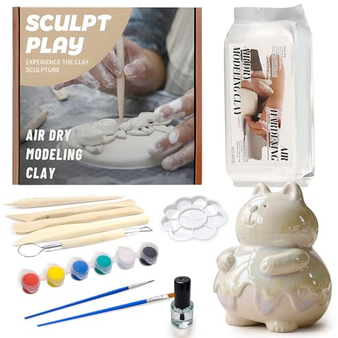 Miioto Bastelton Lufttrocknend, Ton Selbsttrocknend, Ton zum Töpfern Lufttrocknend | Starter-Set Mit Modellier-Werkzeug, Trockenton, Farben & Pinsel | Geschenke für Geburtstage, Kreativprojekte, DIY
