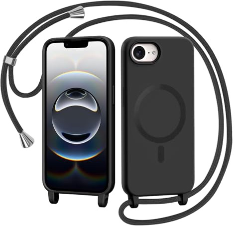 AOMYKE Handyband für iPhone 16e / iPhone 17e Hülle mit Band, Magnetisch Handyhülle kompatibel mit Magsafe zum Umhängen Schutzhülle mit Kette Kordel Weich TPU Liquid Silikon Case，Schwarz