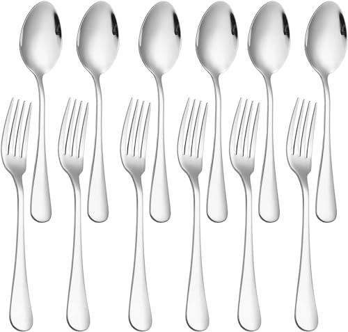 Juego de 12 piezas de cuchara y tenedor, juego de cubiertos de acero inoxidable de grado alimenticio, juego de cubiertos plateados para el hogar, cocina y restaurante, apto para lavavajillas