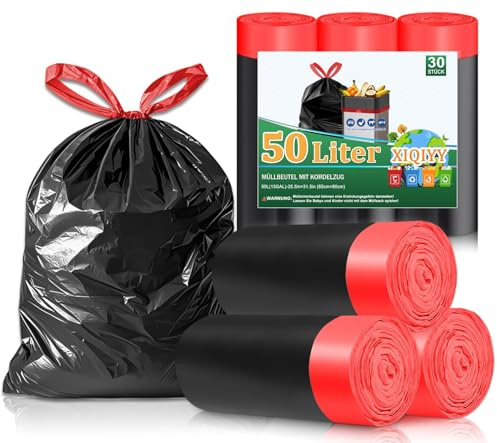 XIQIYY 50L Black Bin Bags With Drawstring, Leak-Proof, 30 Count | Tear-Resistant and Heavy Duty Bin Bags, Ideal for Kitchen and Household Waste