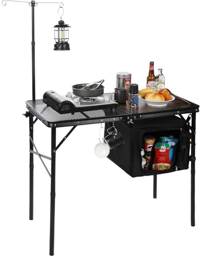 REDCAMP Folding BBQ Table, Camping Table with Storage Organizer & Telescoping Light Stand, Portable Grill Stand for Outdoor Cooking Picnic Party RV, 90x48cm, Black