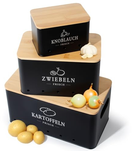 GREELUE Kartoffel Aufbewahrungsbox 3er Set, 360° Luftzirkulation für längere Frische, Für Zwiebeln, Kartoffeln, Knoblauch Schwarz