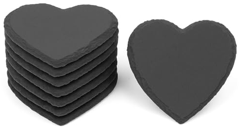 hausleben Herz Schiefer Untersetzer Getränke 8er Set - Schwarze 10x10cm | Naturschiefer in Herzform mit Anti-Kratz Füßen für Getränke & Tassen – Tischdeko für Hochzeit, Valentinstag & Geschenkidee