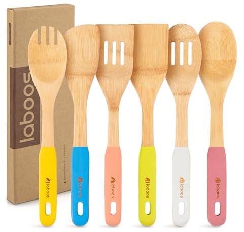 Colorful Bamboo Wooden Spoons for Cooking, 6-Piece Kitchen Utensil Set – Nonstick Cooking Tools with Lightweight Wood Spatula & Spoon – Apartment Essentials & Gift Idea
