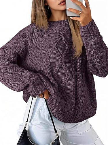 Saodimallsu Strickpullover Damen Oversized Grobstrick Zopfstrick Pullover Rundhals Langarm Einfarbig Oberteile Elegant Cable Knit Pulli Casual Lose Winter Sweatshirt