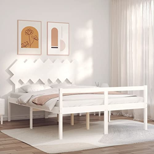 Teenpull Seniorenbett Massivholz Weiß Kingsize, 205x155cm Kiefernholz Bettrahmen mit Kopfteil, 45cm Sitzhöhe, Stauraum für Schlafzimmer Möbel