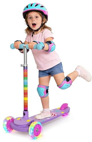 Nattork Lollipop 3-Wheel Toddler Scooter for Girls Kids Boys – Adjustable Height Kick Scooter with Light-Up Wheels, Anti-Slip Deck, Lean-to-Steer Design for Ages 2-8 Rainbow Color