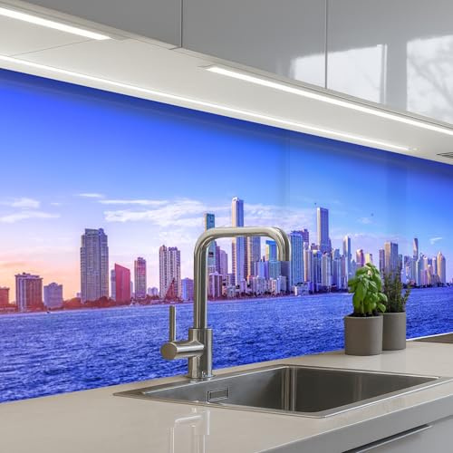 KitchenYeah© Splashback for kitchen 24x98 / 60x250 cm self-adhesive Sink Splash Splatter Guard Splashbacks Walls Skyline - Blue - Skyscrapers - City