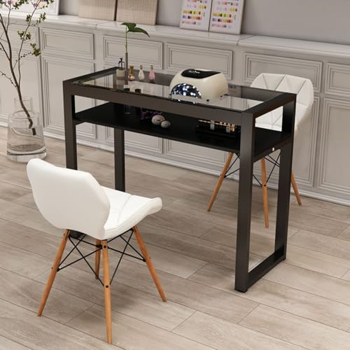 Mesa de manicura Estación de Vidrio Profesional, Marco de Metal, salón de Belleza Moderno (Negro, 100X40X78Cm)