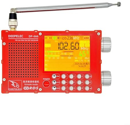 YobiLife DP-666 Full Band FM AM onde corte per radio DSP con chip TEF6686, display dati RDS, schermo LCD da 2,8 pollici, batteria al litio da 5000 mAh, per antenna telescopica SMA, cavo USB-C (rosso)