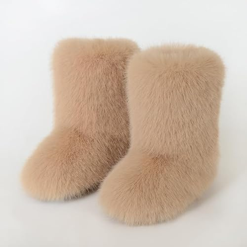 Pälsiga stövlar för kvinnor, fluffiga snöboots, konstpäls färgglada med rund tå, vattentåliga flats med gummisula för tjejer, utomhus, jul, mode, festgåvor khaki European-size-38⅔