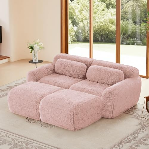 Bladez Modulares Sofa Schlafsofa mit Hocker, Modernes Plüsch Ohne Montage, Boneless Couch Cloud Polstersofa mit Schlaffunktion, Extra Tiefer Sitzfläche für Wohnzimmer, Rosa 2-Sitzer+2