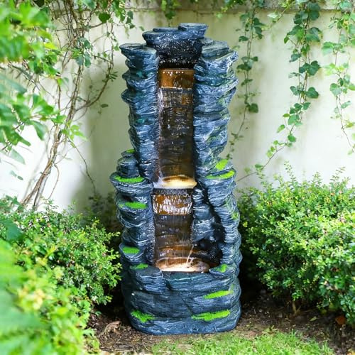 Outdoor Resin Water Fountain with LED Lights,39.37 Inch Tiered Garden Waterfall Feature for Patio, Yard, Deck Decor