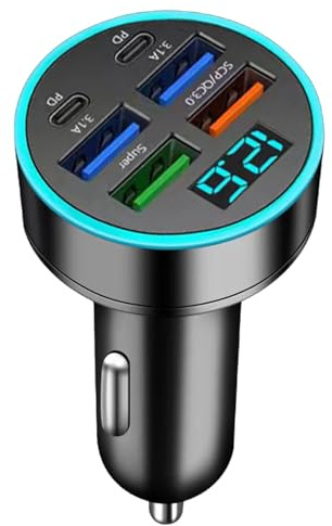 Caricatore USB per auto - Hub di ricarica rapida multi porta da 66 W per telefoni e tablet | Dispositivo di ricarica per auto con Type C QC3.0, display LED, design compatto del plug per viaggiare