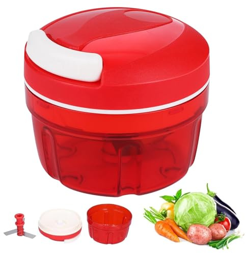 Zwiebelschneider Manuell mit Seilzug 200 ml, Multizerkleinerer Gemüse, Gemüseschneider Manuell, Multizerkleinerer für Gemüse, Knoblauch, Nüsse, Kräuter & Obst, Hand Gemüsehacker ohne Strom (Rot)