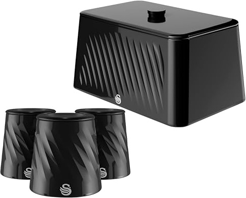 Swan Windsor Breadbin and Tea, Coffee, Sugar Canister Set, Black, Glossy Finish, Contemporary Kitchen Storage