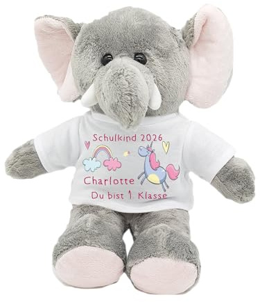 Kilala Kuscheltier Elefant, T-Shirt mit Aufdruck Schulkind 2025, personalisiert mit Wunschname, Geschenk zur Einschulung für die Schultüte, 21 cm groß