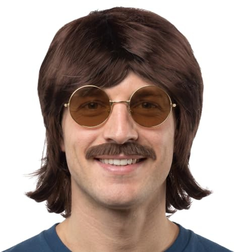 SET mit 80er / 90er Jahre Proll kurze Vokuhila Perücke braun + Brille + Schnauzbart