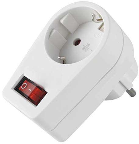 Electraline 55073, 1-fach Adapter (16A) mit Schalter, deutscher Stecker, 1-fach Schuko-Steckdosenleiste, Weiß