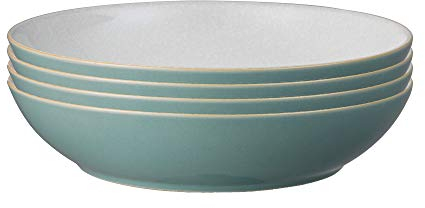 Denby - Elements Fern Green Pasta Bowls Set of 4 - Dishwasher Microwave Safe Crockery 1050ml 22cm - Green, White Ceramic Stoneware Tableware - Chip & Crack Resistant