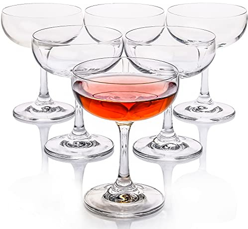 FAWLES Crystal Coupe Glasses, Set of 6, 7 Ounce(220ml), Elegant Short Stem Design, Clear Cocktail Glasses Sets Perfect for Drinking Champagne, Sweet Wine, etc.