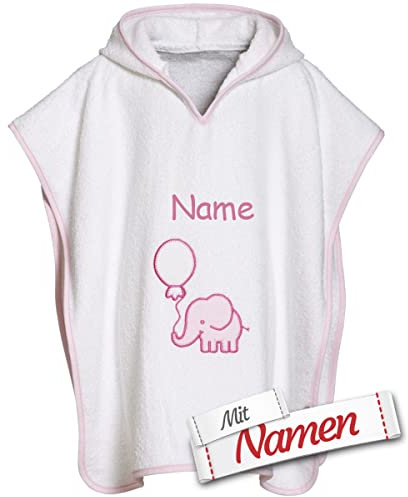 LALALO Bade Elefant Poncho bestickt mit Namen für Baby & Kinder, Mädchen Rosa, Badetuch, Badeponcho, Kapuzenbadetuch, 100% Baumwolle