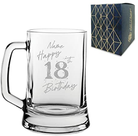Personalised Engraved Tankard Beer Mug Stein Happy 18th Birthday Speckled Design Gift Boxed, 16.75oz/495ml Classic Beer Glass, Any Name, Engraved in The UK