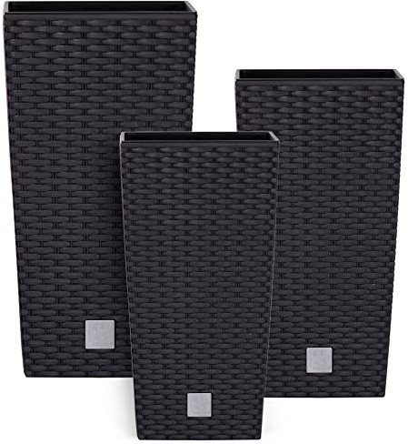 botle Topf Set 3 x Pflanztöpfe Kübel Rattan Hohes H 55 61 75 cm Anthrazit Kunststoff mit Pflanzeinsatz Quadrat
