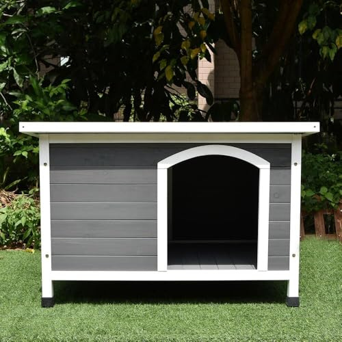 Animal Valley - Caseta para perros con techo plano de plástico - Madera y Plástico - 104 x 70 x 67 cm - Talla M - Gris y Blanco - para perros de tamaño mediano