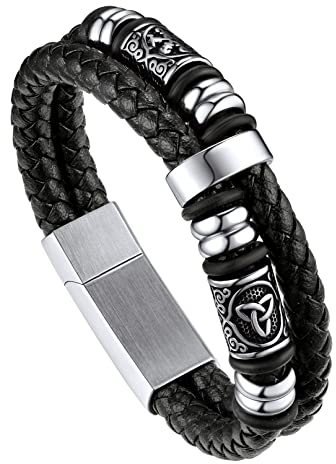 Bandmax Keltische Knoten Lederarmband Herren Viking Armband Kompass Lederarmband Flechtarmband mit Magnetverschluss Manschette Armband Wikingerschmuck Länge 23 CM