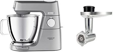 Kenwood Titanium Chef Baker XL, Robot Pâtissier avec Batteur K, Crochet Pétrisseur, Argent & KAX950ME Hachoir de Boucher pour Robot Métal Aluminium Brossé 25 x 16 x 25 cm