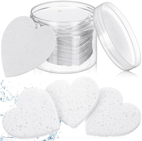 Nuenen 60 Pieces Facial Sponges with Container, Heart Shape Compressed Face Sponges Natural Cleaning Pads for Washing Face Cleaning Exfoliating Esthetician Makeup Removal(White)