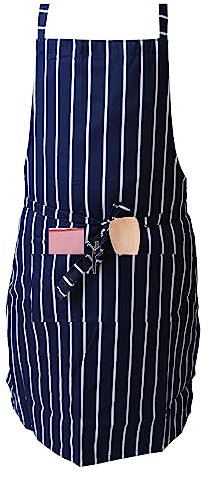 IBEX Delantales de polialgodón a rayas, delantal profesional de cocina para el hogar, para restaurantes, personal de bar, chefs, camareros,, Azul marino/blanco (con bolsillo), Taille unique