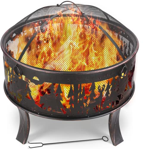 TLSUNNY Feuerschale Garten, Feuerkorb mit Funkenschutz, Feuerstelle Retro-Look, inkl,Poker & Kohlerost & 4 PCS Füße, Heizung im Winter, Stabil, Exquisites Elchmuster Ø71x65cm,für Garten,Camping,Strand