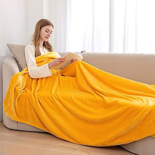 ml MassAri Limited Fleece Throw Blanket for Sofa, Couch & Bed | OEKO-TEX Certified Fluffy Fleece Blankets 200x240cm Size | Luxurious Cosy & Breathable Reversible Blankets (MUSTARD YELLOW, DOUBLE)